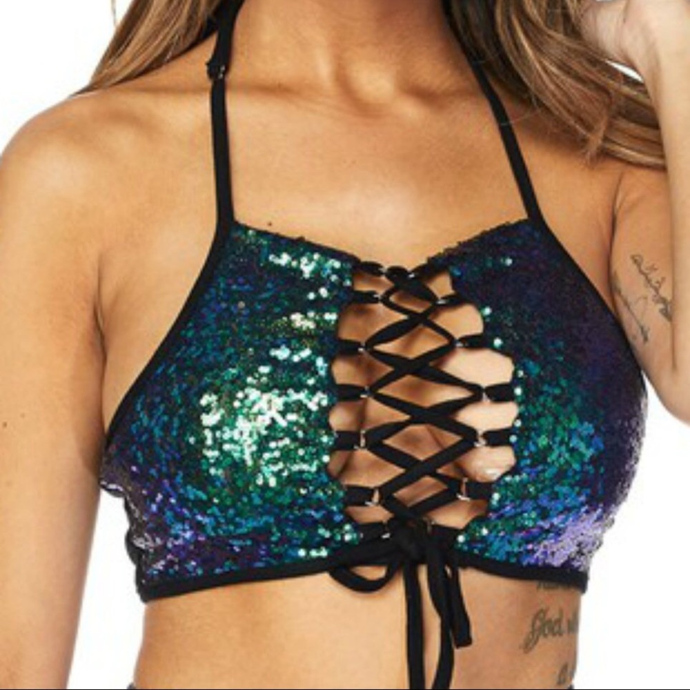 RAVE WONDERLAND Sequin Front Lace-Up Halter Top
